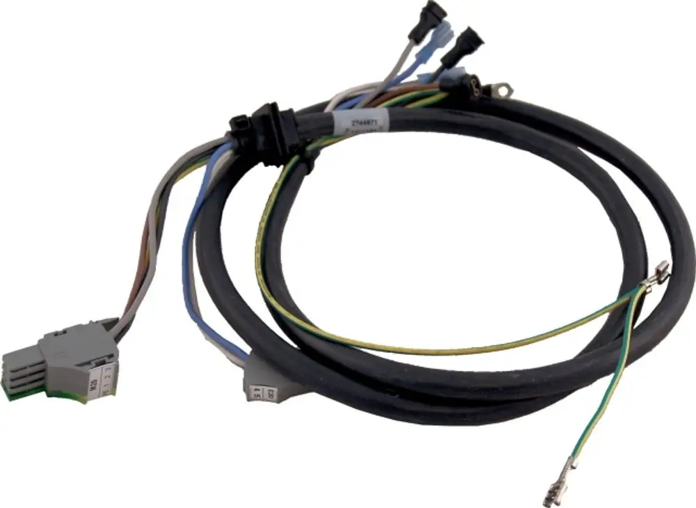 Kabel mit mehreren Anschlüssen, passend für Heizgeräte der Marke Wolf, zur Verdichtungskontrolle. Kabelisolierung und farbige Drähte sichtbar.